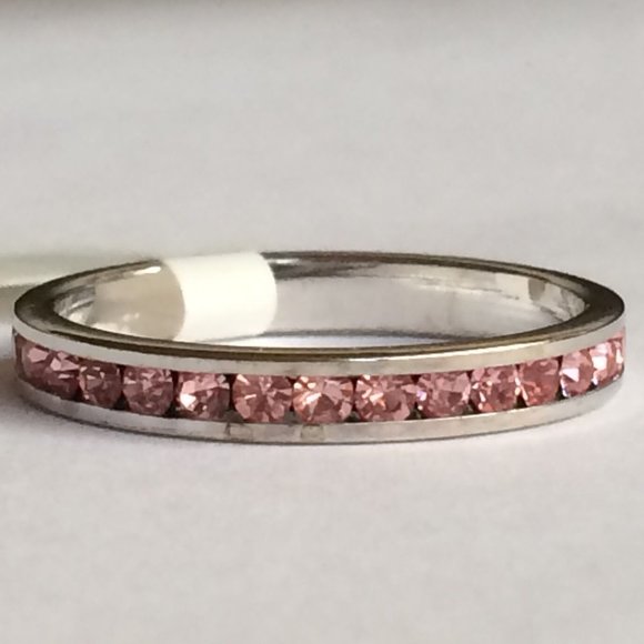 Pink Cubic Zirconia Eternity Ring Size 9 Band Stackable Silver Rhodium Plated - Picture 2 of 9